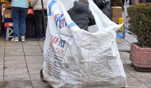 Eskişehir'de küçük çocuğun 'Dev' çuvalla karton mesaisi